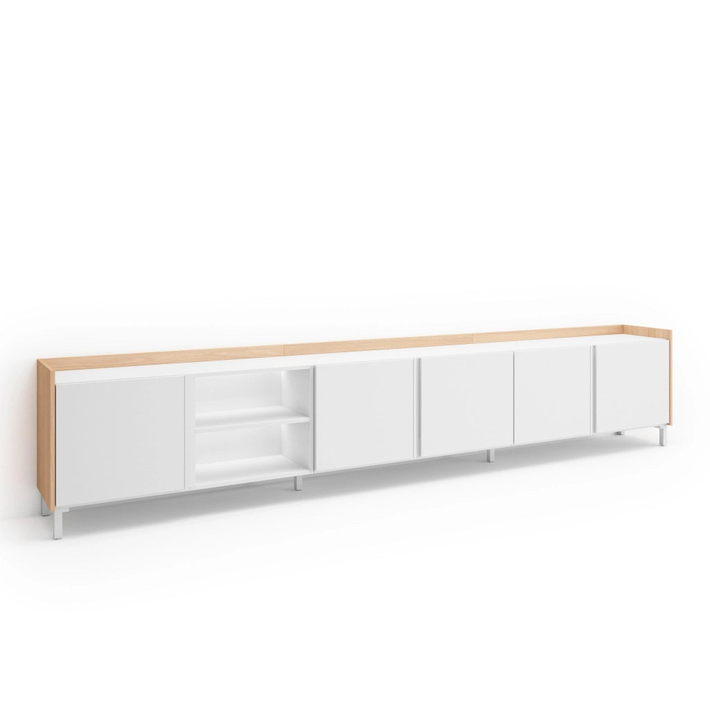 Mobile TV Soggiorno, 309x61x35 cm, Per TV fino a 80", Design industriale, LED, Bianco e Rovere soft