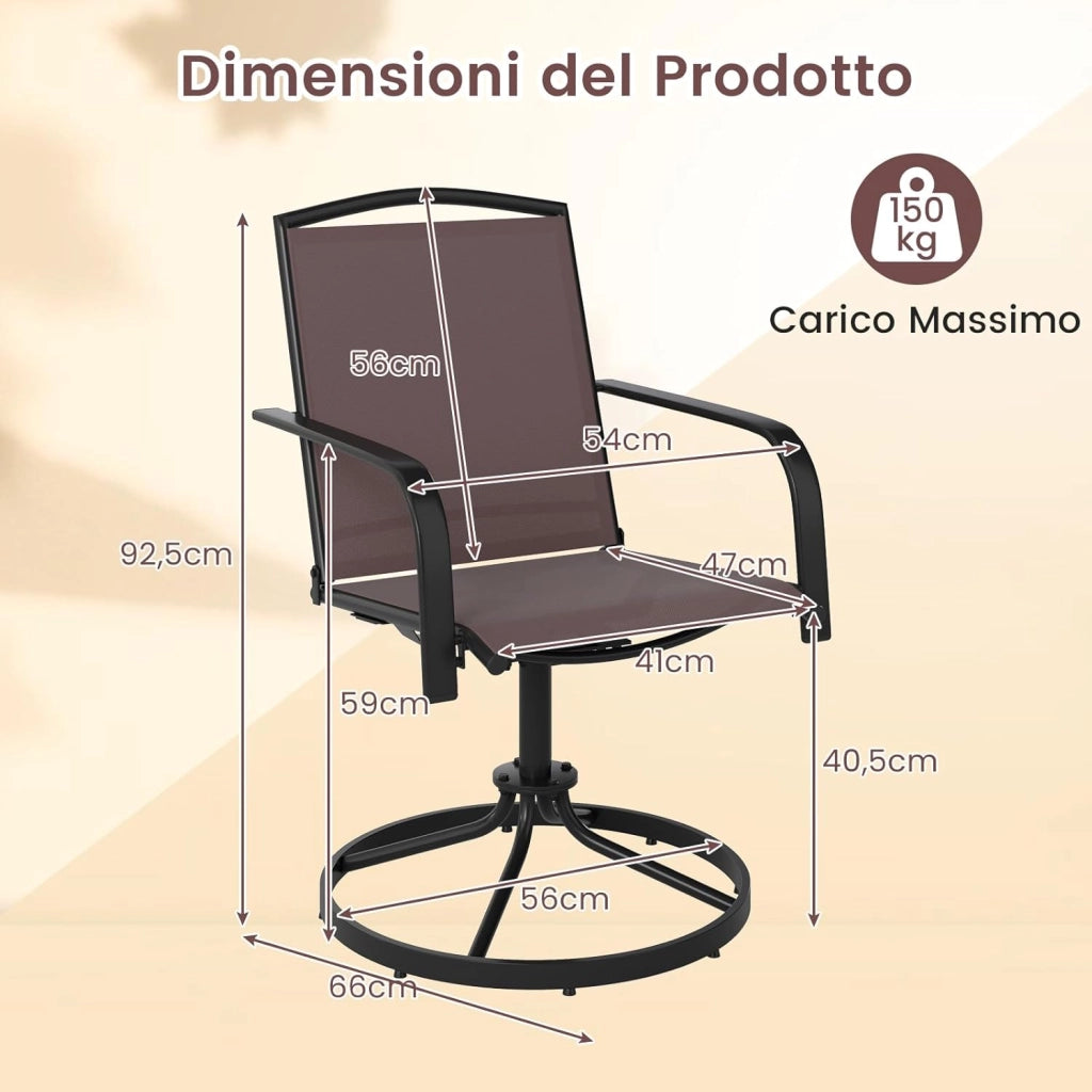 Set di 2 Sedie da Patio Girevoli, Poltrone a Dondolo in Rete a 360° con Schienale Alto e Base Rotonda in Metallo, Sedia a Dondolo Robuste per Giardino Balcone, Portata 150 kg (Marrone)