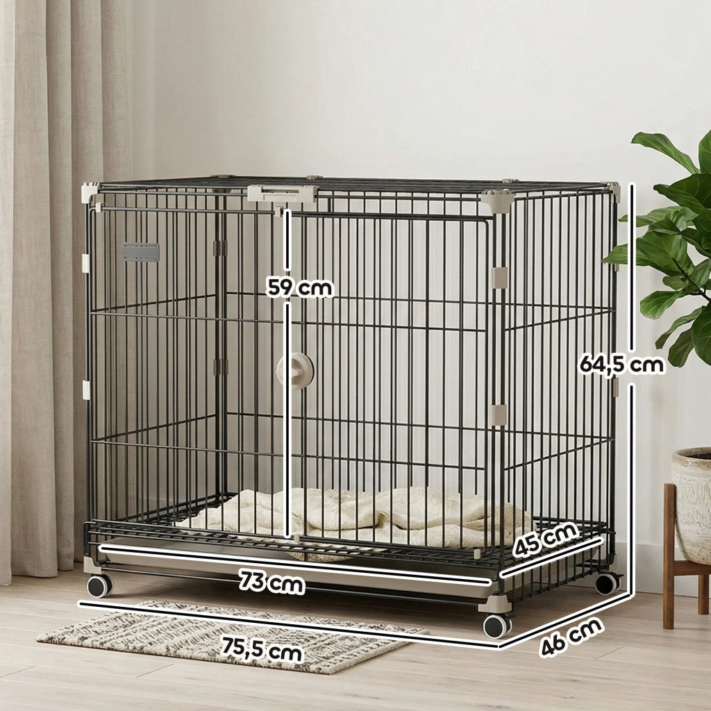 Cage per Cani con Vassoio Amovibile e Ruote ¨C zephmum ¨C Nero 75.5x46x64.5cm