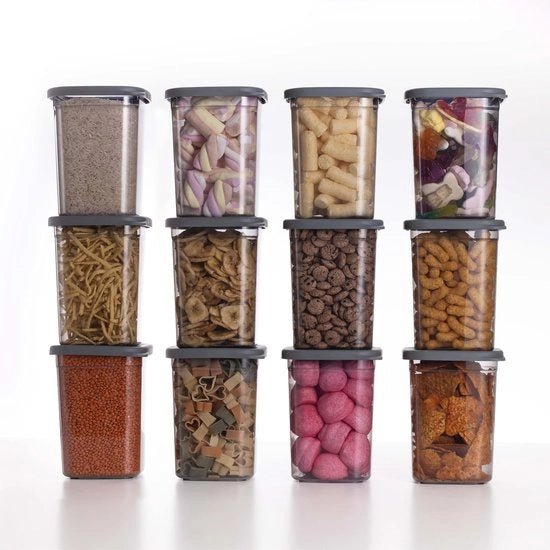 Scatola di Stoccaggio Aria Tappata con Coperchi [1000ml - Set di 12] Grigio Scuro - Stivabile & Spazievoluta per la Cucina, Conservazione dei Fiori, Contenitore di Cibo, Scatola di Stoccaggio, Cassa di Stoccaggio