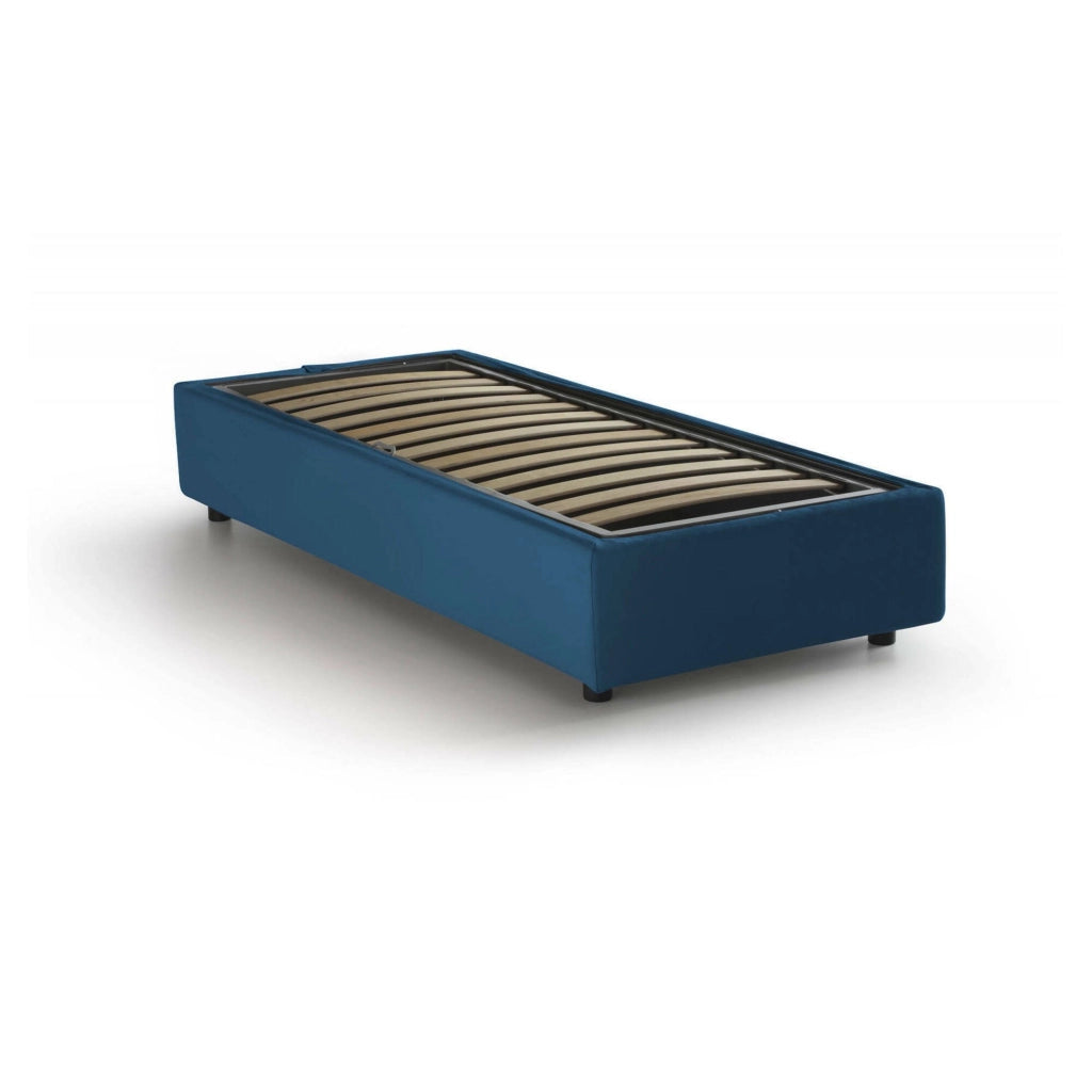 Letto singolo Adoxa, Letto contenitore con rivestimento in tessuto, Made in Italy, Apertura laterale, adatto per materasso cm 80x190, Blu