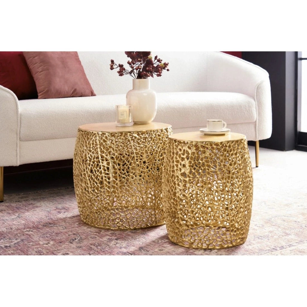 Set di 2 tavolini METRIX bronzo con piccolo motivo arrotondato - Tavolini da salotto design in alluminio e piano effetto legno