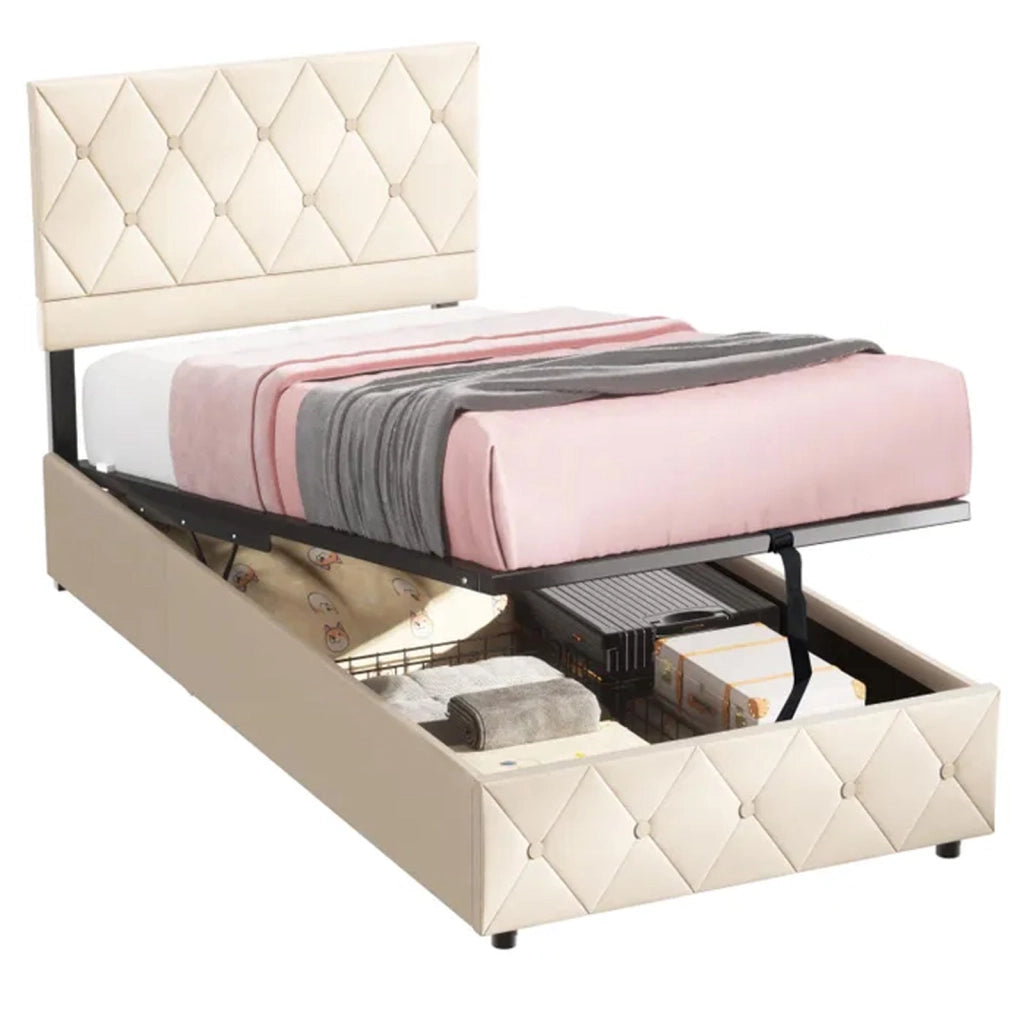 Letto singolo imbottito beige in velluto, struttura MDF ferro, supporto centrale