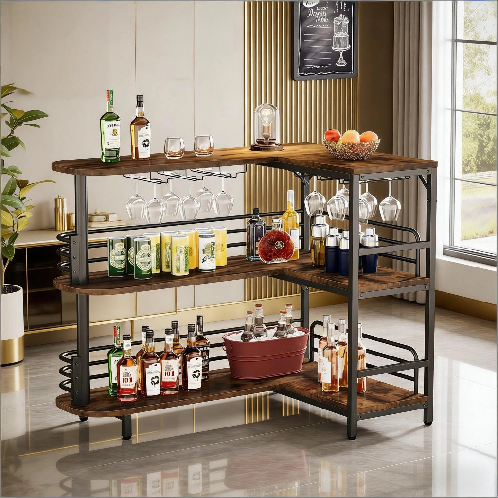 Banco bar angolare per casa in acciaio e truciolato, colore nero e marrone rustico, 120×90 cm