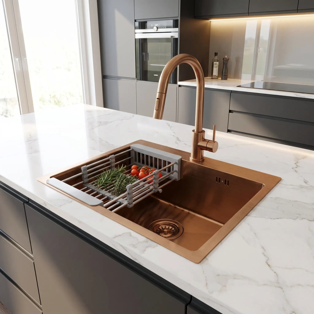 Lavello In Acciaio Con Set Di Accessori 3 Pz. Rea Leo 50 Brush Copper Accessori neri