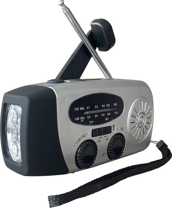 Radio a mano con LED torcia per emergenze, radio portatile AM/FM con powerbank, caricatore per telefono, caricabile via USB e solare per campeggiatori - argento