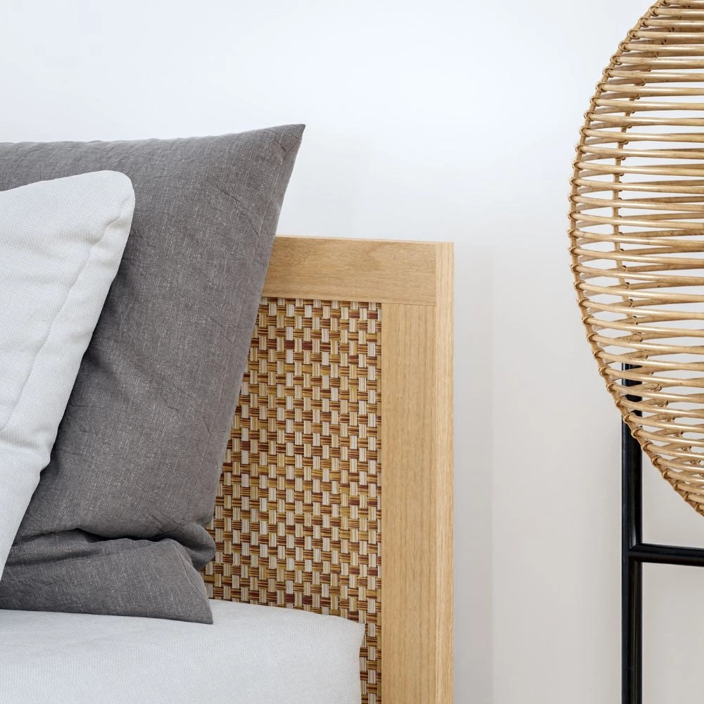 Letto matrimoniale Livia con testiera effetto rattan colore rovere