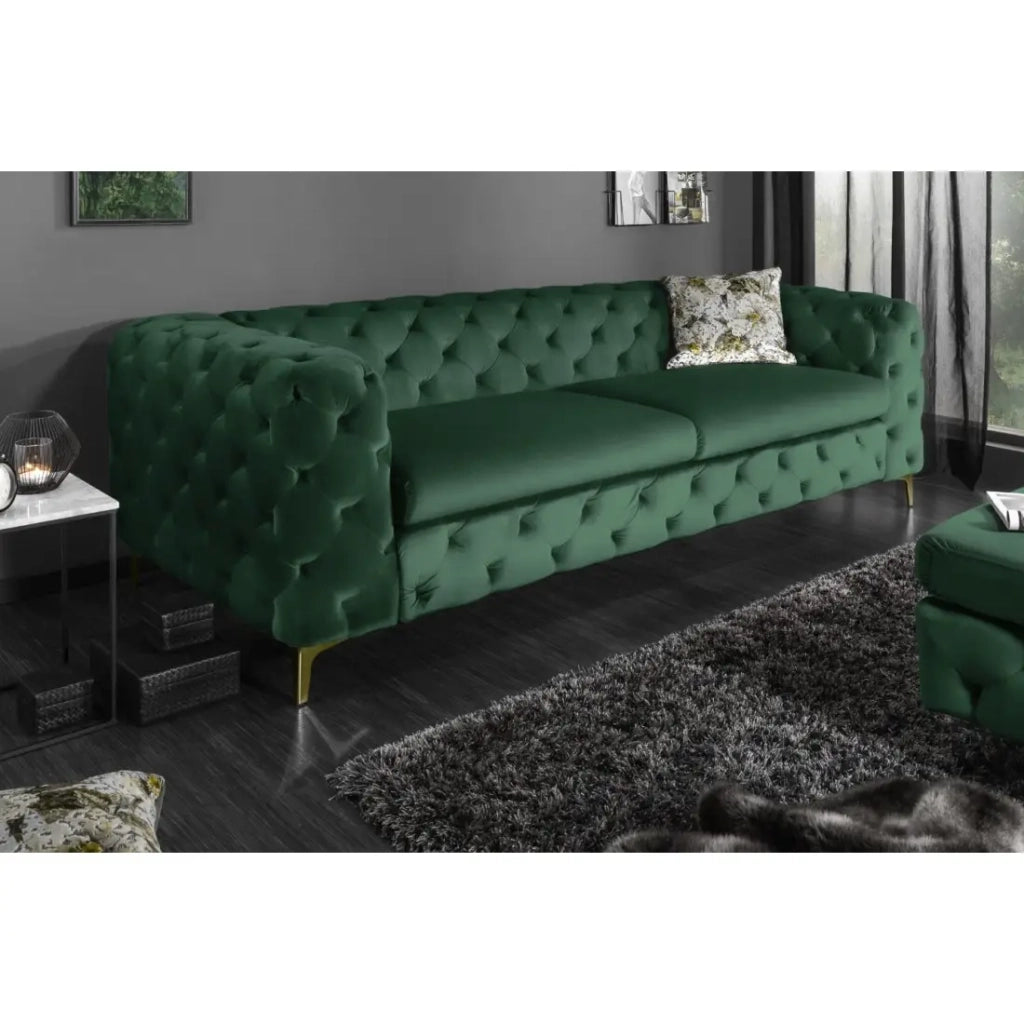 Divano dritto VELENA verde smeraldo – Divano barocco in velluto con piedi in metallo dorato