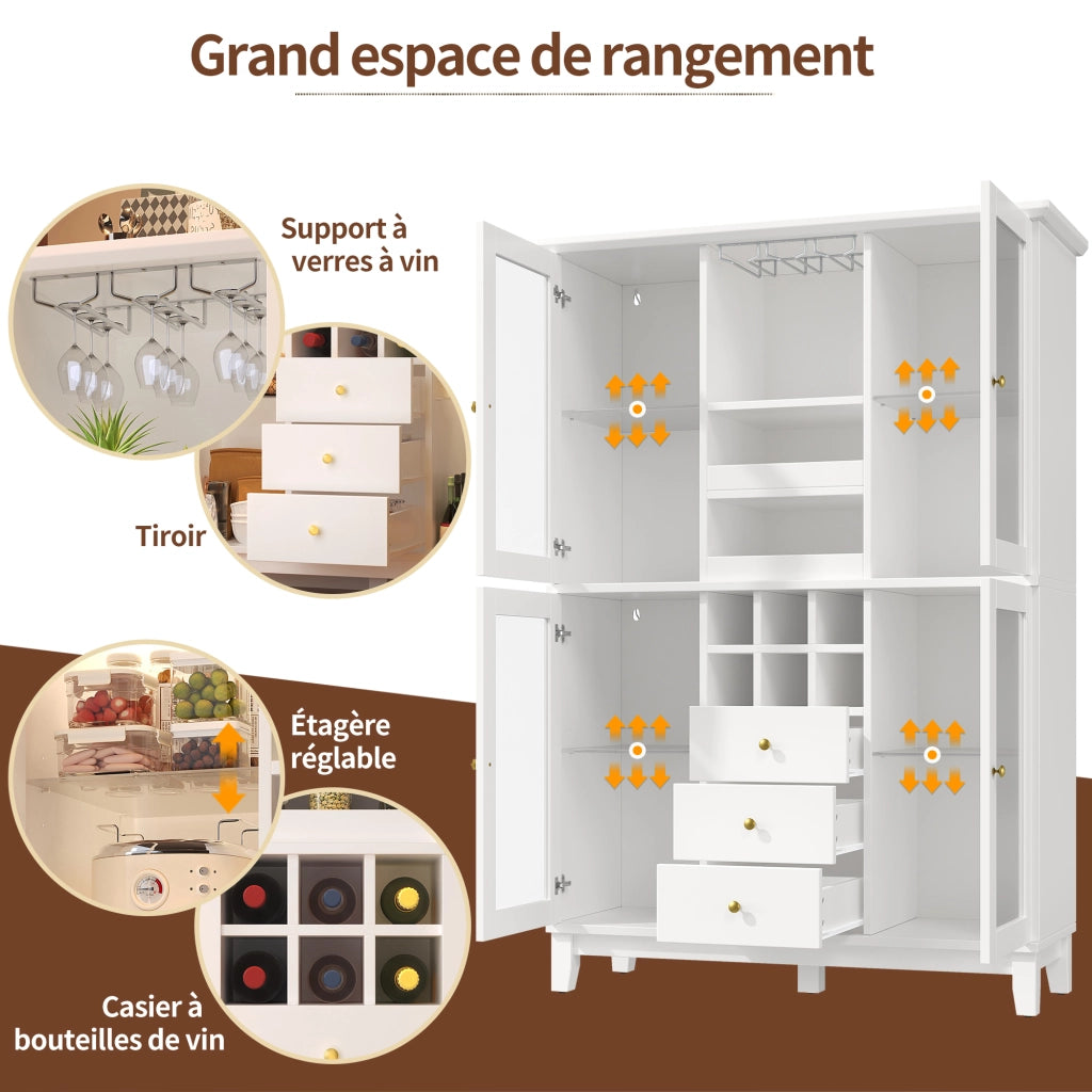 Mobile bar con 3 cassetti, ripiani regolabili, portabicchieri e portabottiglie, in MDF, bianco, 120 × 40 × 180,5 cm