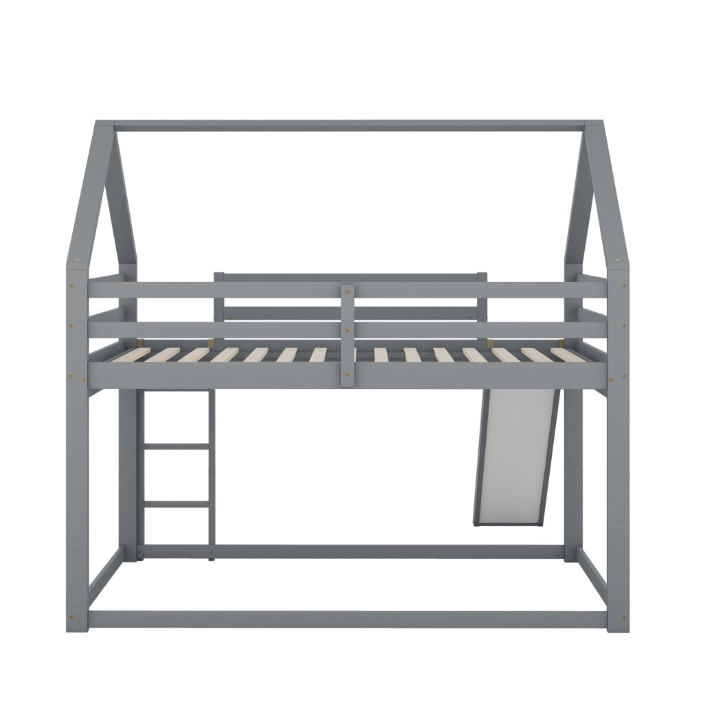 Letto a castello a casetta 140x200 cm con scivolo e scala; legno di pino; grigio