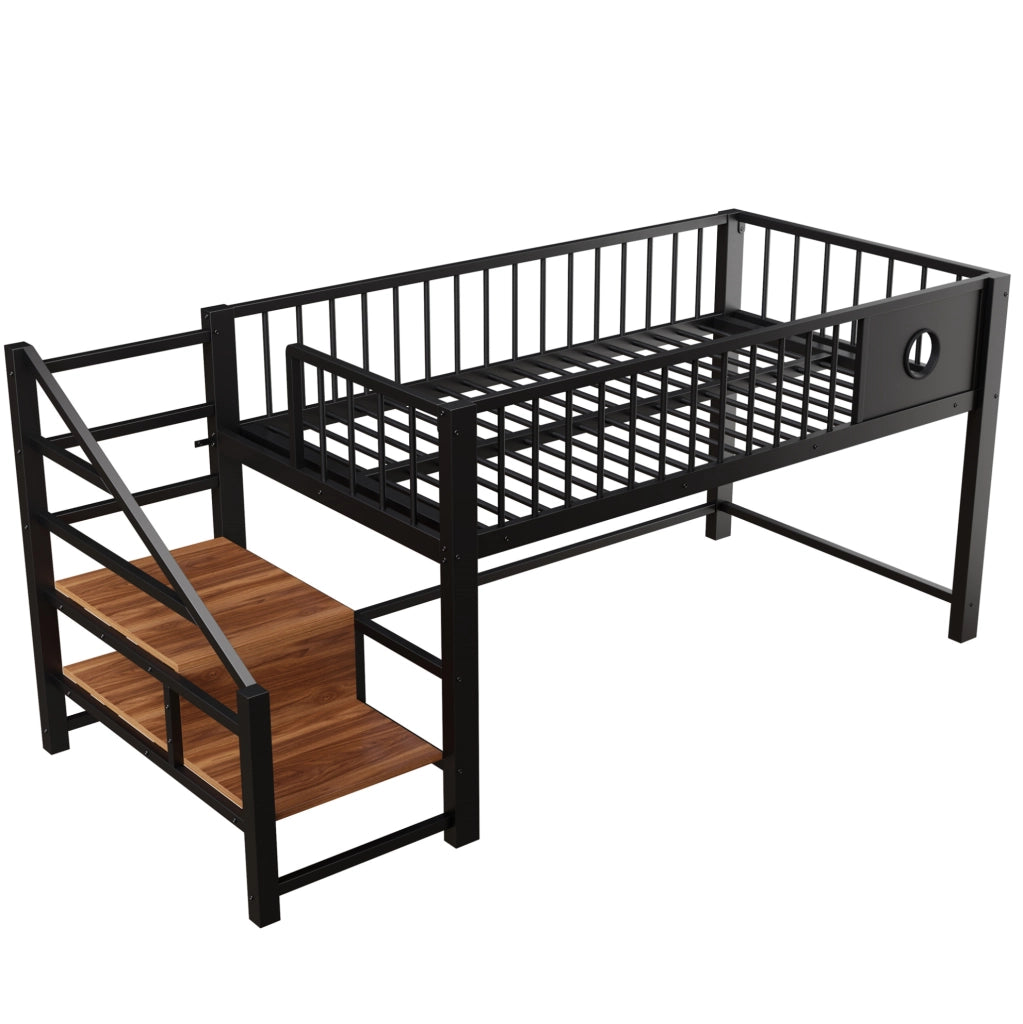Letto rialzato basso in metallo 90x200 cm con scala contenitore