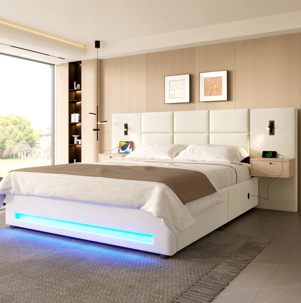 Letto contenitore 180x200 cm beige in velluto, contenitore idraulico e USB-C