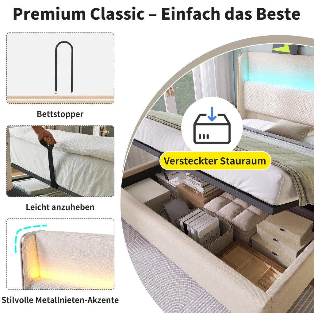 Letto matrimoniale con testiera alta, LED, contenitore e ricarica USB e Type-C