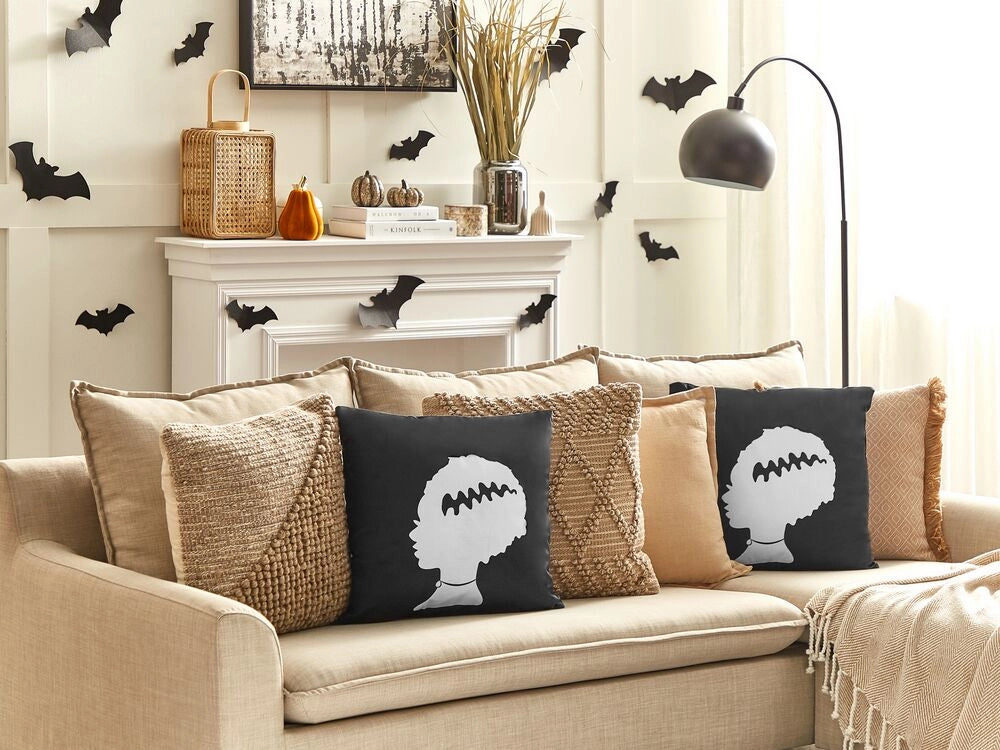 Set di 2 cuscini decorativi in velluto nero Frankenstein modello sposa 45 x 45 cm quadrati Halloween accessori decorazione