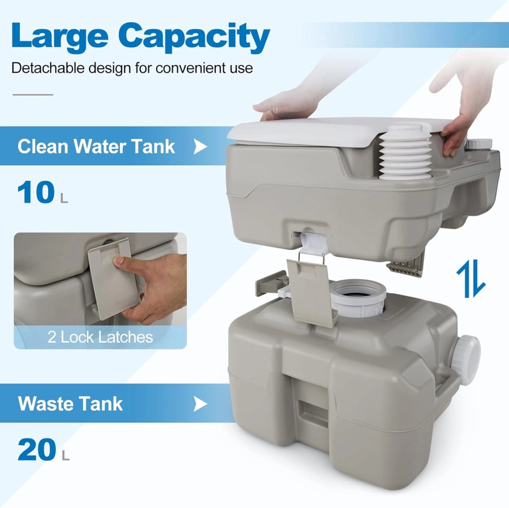 SOARS WC portatile da campeggio, WC portatile con pompa di risciacquo, serbatoio d'acqua 20 l + 10 l, carico 200 kg, altezza seduta 42 cm, imbuto telescopico, per campeggio, viaggio, auto, grigio