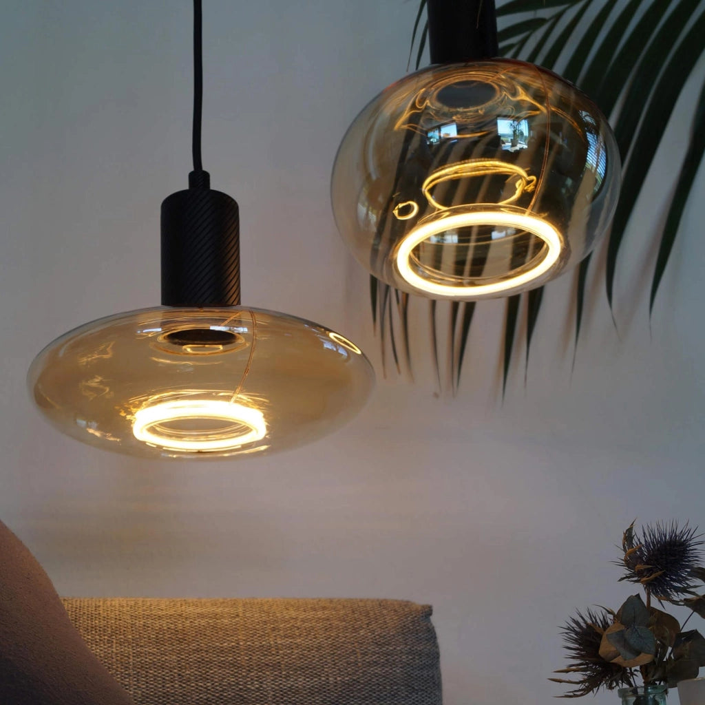 Lampadina stilizzata SHINE lampada LED E27 4.5W dimmerabile vetro luce gialla ambra salotto hall albergo diametro 20cm