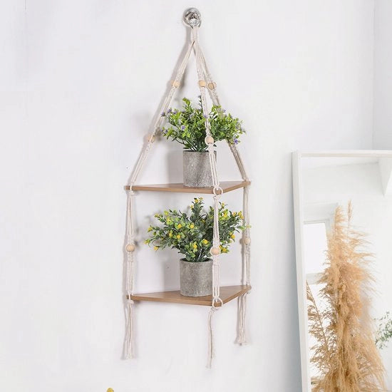 Hoekplank perpendicolare da appendere al muro - Standard angolare a tre strati per piante, decorazione per parete, stile bohemien rurale, mobile a muro in legno per camera da letto, soggiorno, vasi di fiori, foto.