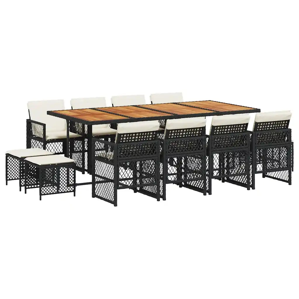 Set da Pranzo da Giardino 13pz con Cuscini Nero in Polyrattan