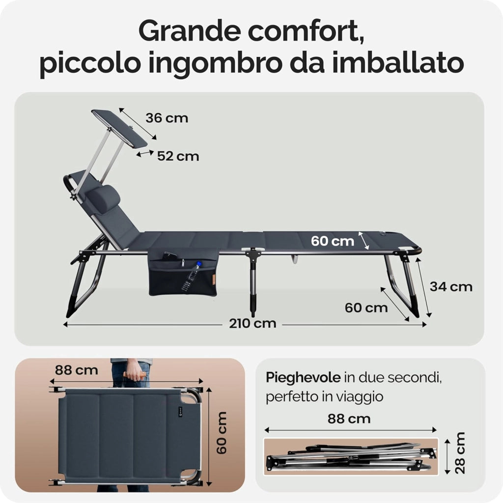 ® Lettino Prendisole con Tettuccio 210x60 Carico Max 150 kg con Cuscino Comfort Sdraio Spiaggia Giardino Sedia da Mare Lago
