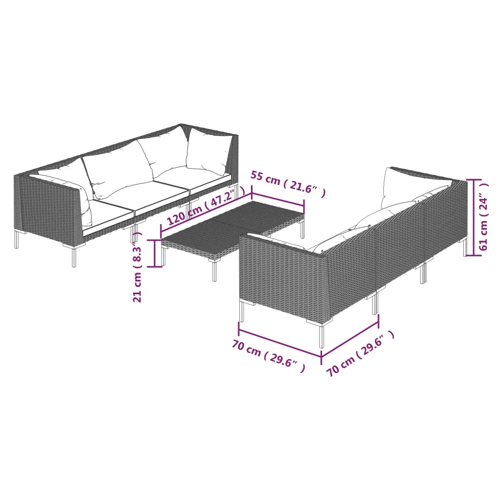 Set Divani da Giardino 7 pz con Cuscini Polyrattan Grigio Scuro 3099800