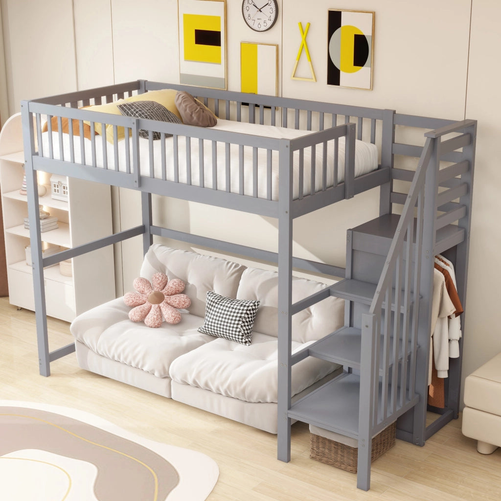 Letto a castello grigio con scala funzione contenitore in legno 90x200 cm