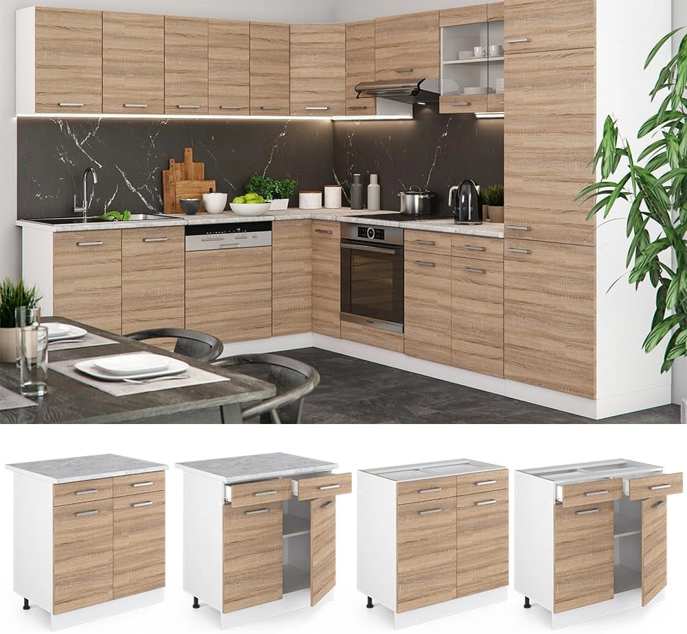 Mobiletto base per cucina R-Line, Sonoma, 80 cm, PL Marmo, per la libera combinazione all'interno di sistemi cucina modulari