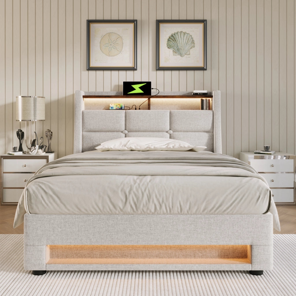 LETTO Imbottito 90x200 cm con LED e USB, tessuto lino beige, senza materasso