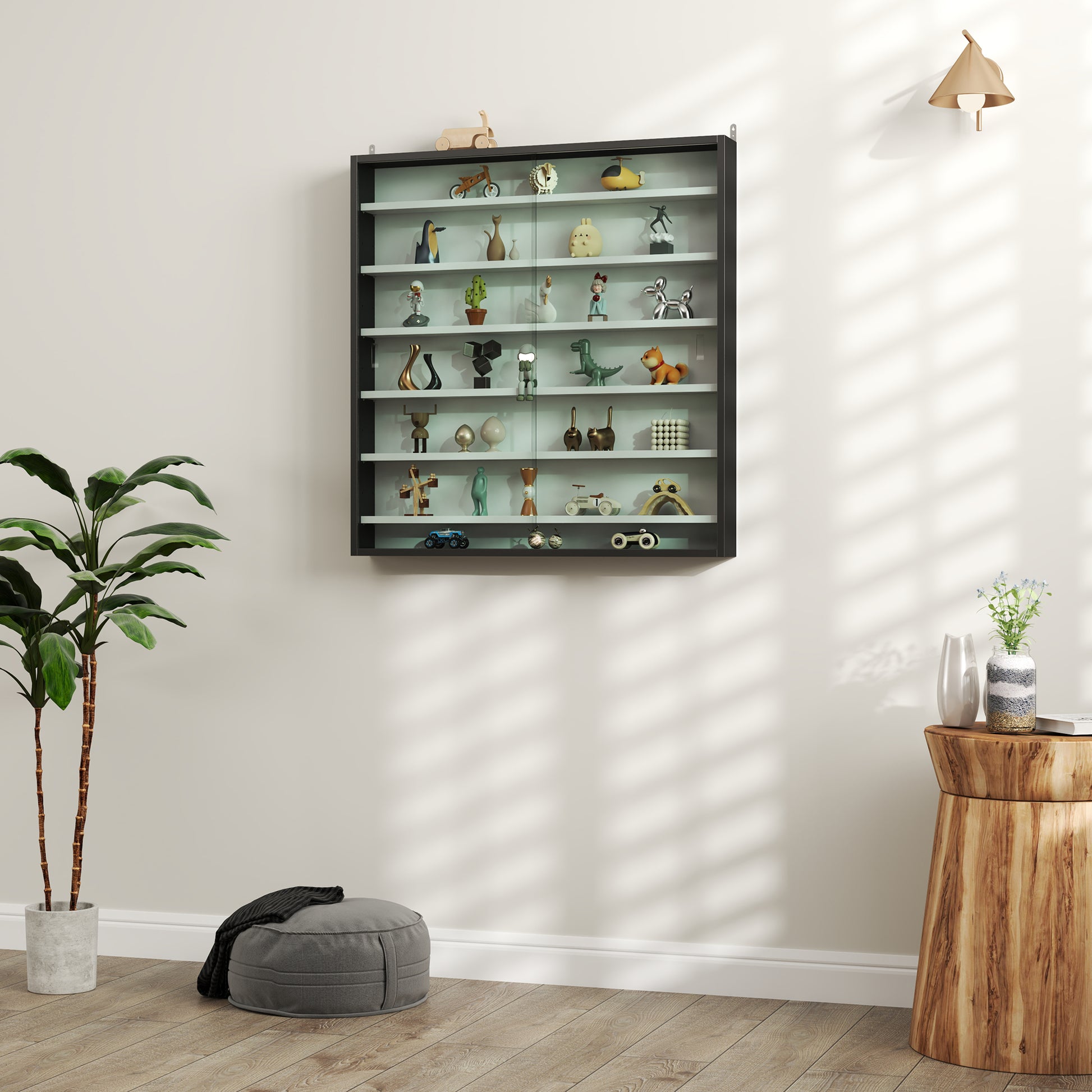 Bacheca Vetrina a Muro con 6 Ripiani Regolabili 80x9.5x83 cm in Legno Bianco e Nero