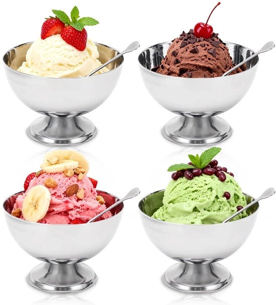 Set di Dessertiere in Acciaio Inossidabile - Ideale per Gelato e Panna - Argento - Set da 4 - Perfetto per Feste - Lavabile a Mano