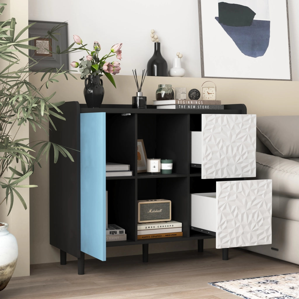 Credenza con 2 Cassetti; 2 Vani Aperti e 2 Ante; Stile Moderno; in MDF; Nero e Blu; 90??40??80 cm