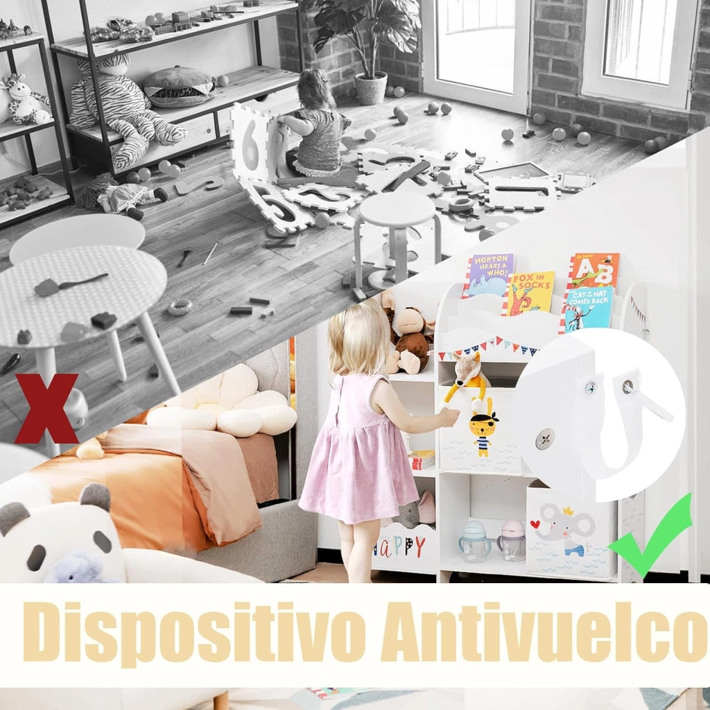 Scaffale per bambini, organizer per giocattoli con 2 scatole e 5 scomparti e 2 ripiani aperti, scaffale per giocattoli, libreria, scaffale bianco, cameretta dei bambini, camera da letto (pirati