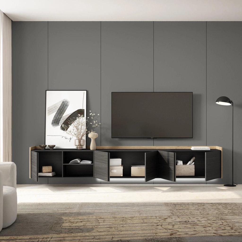 Mobile TV Soggiorno, 309x50x35 cm, Per TV fino a 80", Sospeso, da appendere, LED, Nero e rovere