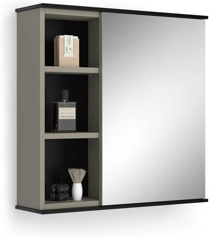 Mobile a specchio per il bagno Joli, Grigio, 60 x 60 cm con specchio, adatto al montaggio a parete per riporre accessori da bagno