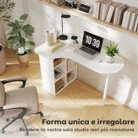 Scrivania per Camera Ricurva con 6 Ripiani e 4 Scaffali Regolabili, in Acciaio e Legno, 100x59x75.5 cm, Bianco