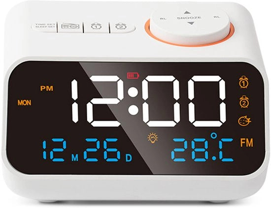 Alarme - Alarmino digitale - Alarme per bambini - Radiowakker digitale - Orologio da tavolo con radio FM - Display LED - Timer - Riposo - orologio radio senza ticchettio( Bianco)