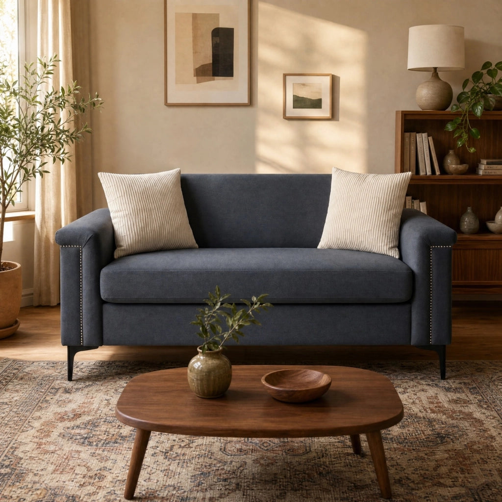 Divano dritto 2 posti con cuscini a molle insacchettate e piedini in metallo in Compensato e Legno Massiccio Grigio Scuro 172 × 72 × 82 cm