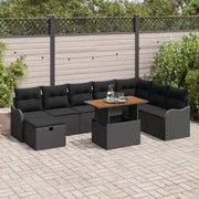 Set Divani da Giardino  9 Pezzi con Cuscini Nero Polyrattan