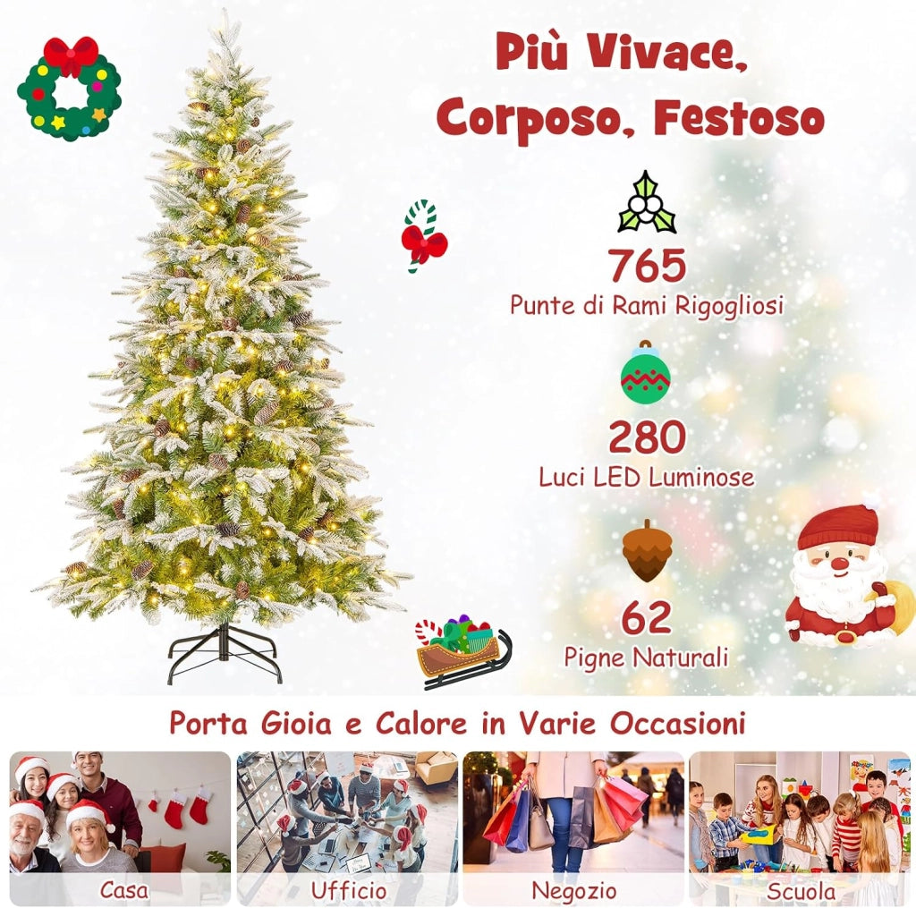 Albero di Natale Artificiale Pre-Luminoso 190 CM, Albero di Natale Innevato con 280 Luci LED Bianche Calde, 765 Punte, 62 Pigne e Base Metallica (190 CM)