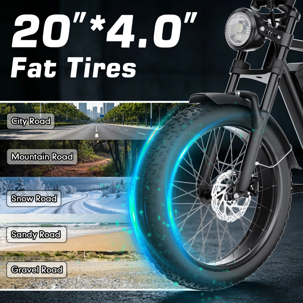 Bici Elettrica Fat Bike 20" Motore 250W (Picco 1500W), Batteria 52V 20Ah Autonomia 65km, Freni Idraulici Forcella Ammortizzata, Shimano 7 Marce Portata 150kg per Citt¨¤ e Fuoristrada