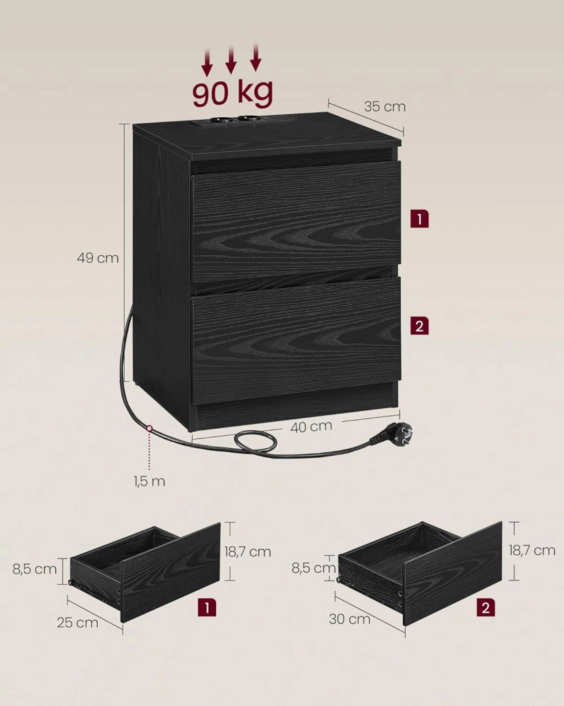 VASAGLE KAILYN Collezione - Comodini con Ciabatta Elettrica, Set di 2 Tavolini, 2 Cassetti, 2 Prese AC, 2 Porte USB-A, Soggiorno Camera da Letto, Moderno, Nero Ebano LET821B02