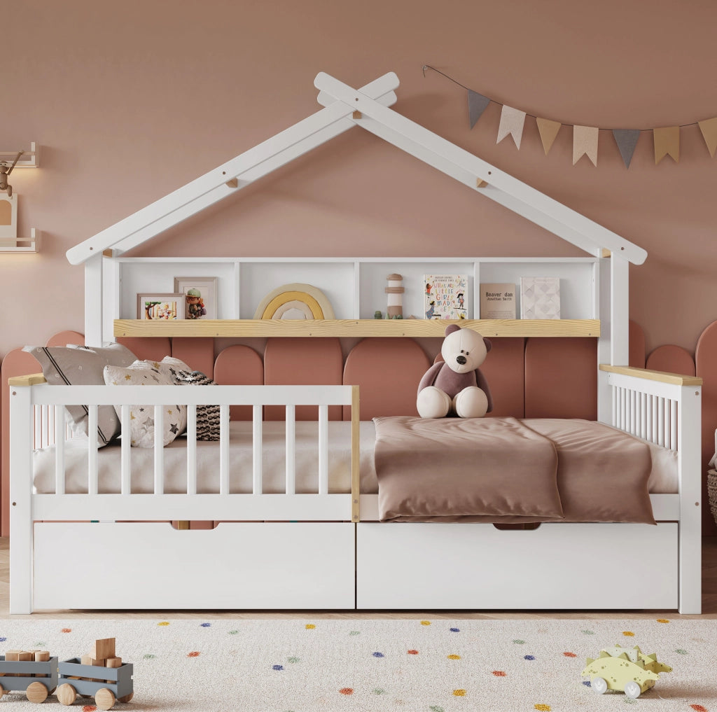 Letto per bambini 140x200 cm con tetto e 2 cassetti
