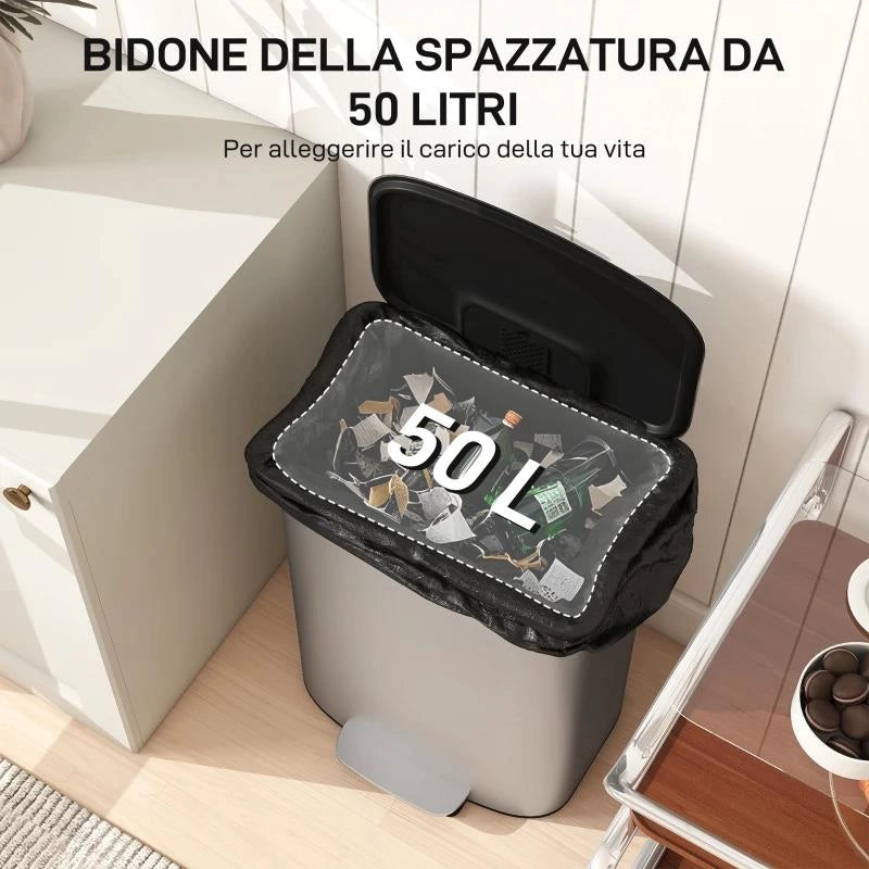 PATTUMIERA A PEDALE DA 50L CON COPERCHIO AMMORTIZZATO, APERTURA A 90¦ E SECCHIO RIMOVIBILE, ACCIAIO INOX, GRIGIO
