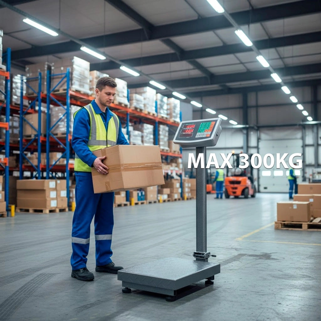 Bilancia Digitale Industriale 300 kg Con Piattaforma 40 X 50 Cm Display LCD Retroilluminato ad Asta Pieghevole In Acciaio Inox Batteria Ricaricabile 20h e Spegnimento Automatico Argento