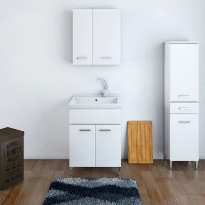 Mobile Lavatoio 60x50 cm Due Ante con vasca in ceramica Bianco Lucido
