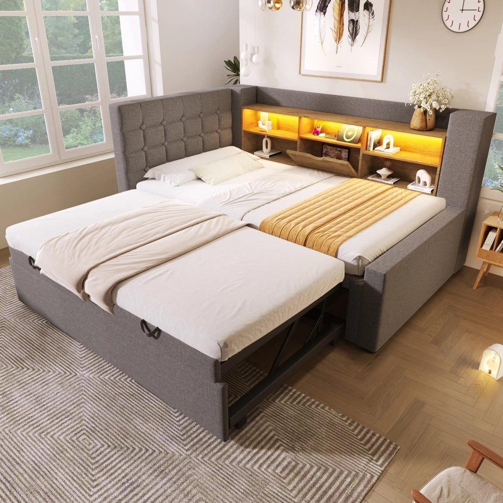 Letto con contenitore e letto estraibile lino metallo 90x200 cm