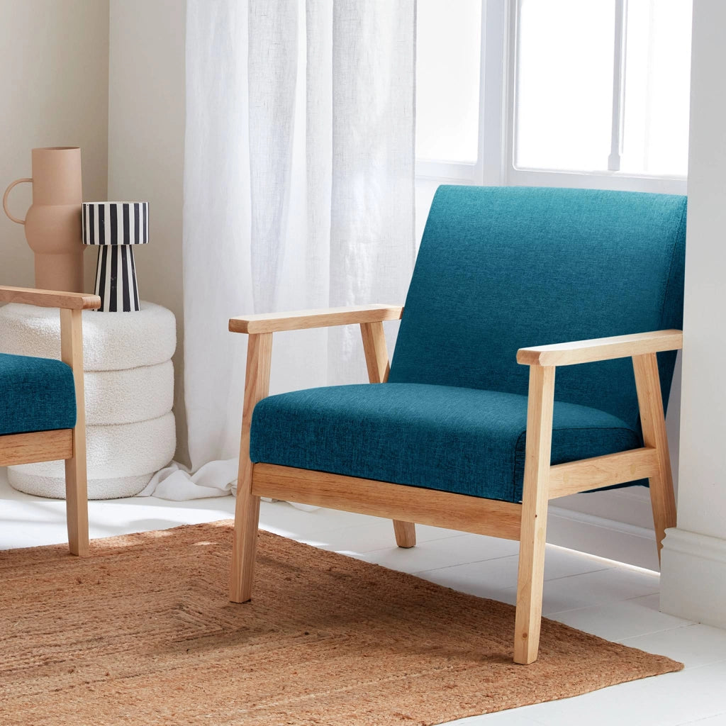 Poltrona scandinava in legno e tessuto, blu smeraldo