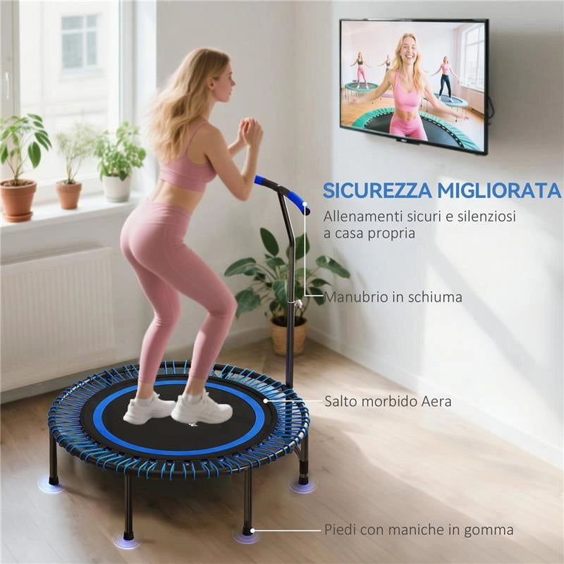 TRAMPOLINO FITNESS 145 CM CON MANUBRIO REGOLABILE SU 5 POSIZIONI, 36 MOLLE BUNGEE, CAPACITÀ 150 KG, BLU