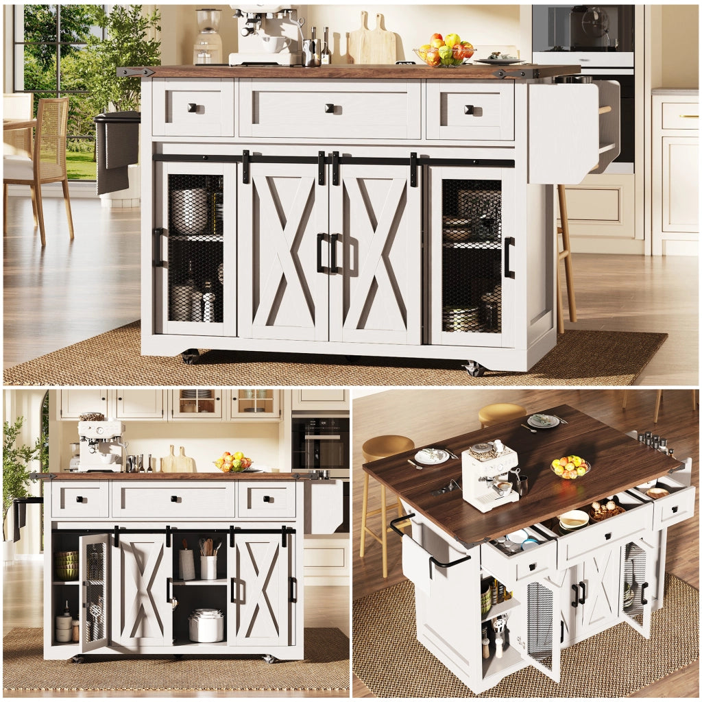 Carrello isola cucina mobile con piano estraibile e presa elettrica, bianco, 75 kg
