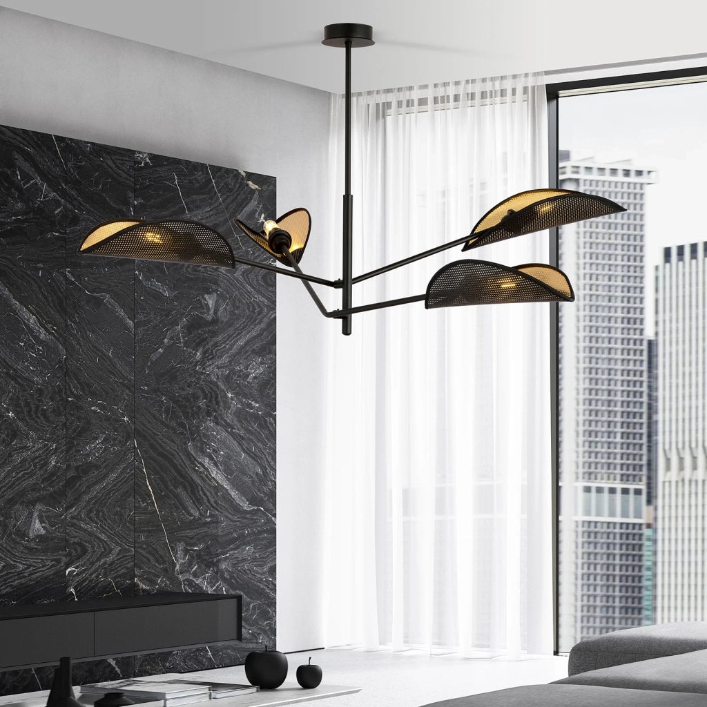Lampadario 4 Luci Eridano In Acciao Nero E Oro Con Bracci Mobili