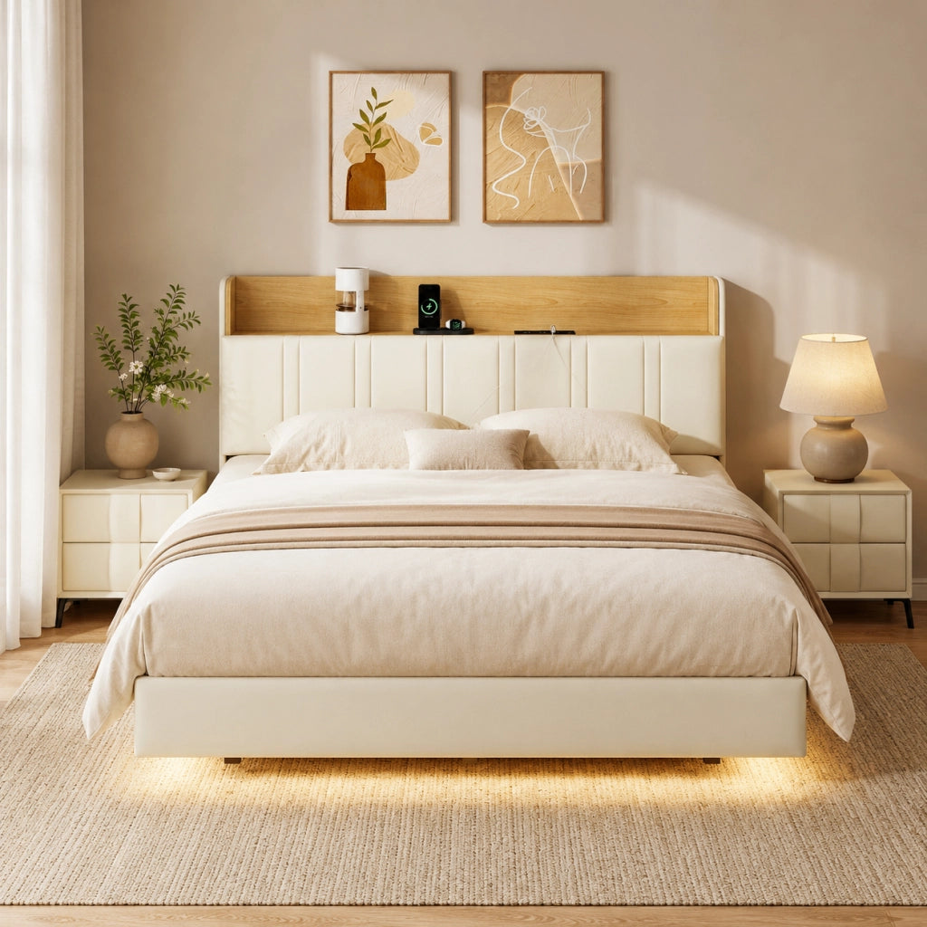 Letto matrimoniale 160x200 cm in pelle PU bianca, testiera con vano portaoggetti, stazione di ricarica, luci RGB a LED, struttura robusta portata 350kg